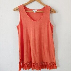 J. Jill Linen Blend Orange  Tank Tunic Length Fringe Tassel Trim Festival Boho S